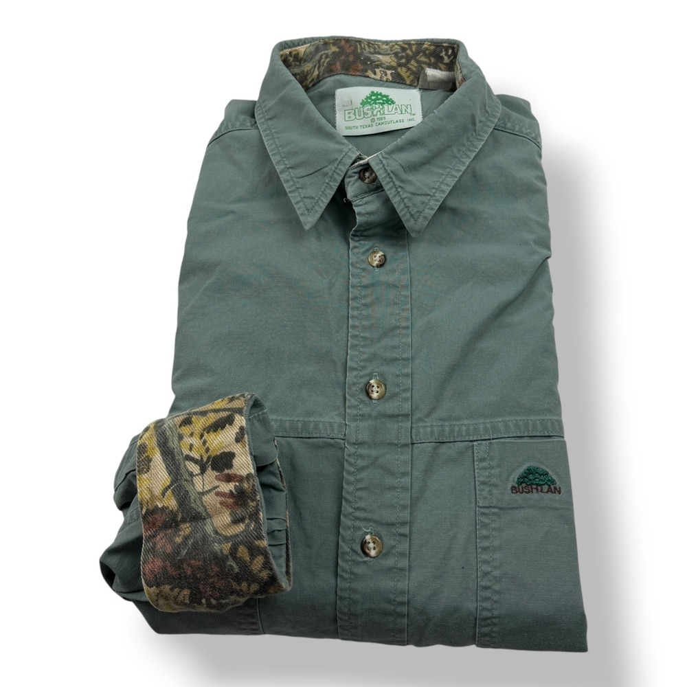 Bushlan South Texas Camouflage Sage Green Button Down Hunting Shirt Mens 1989 US